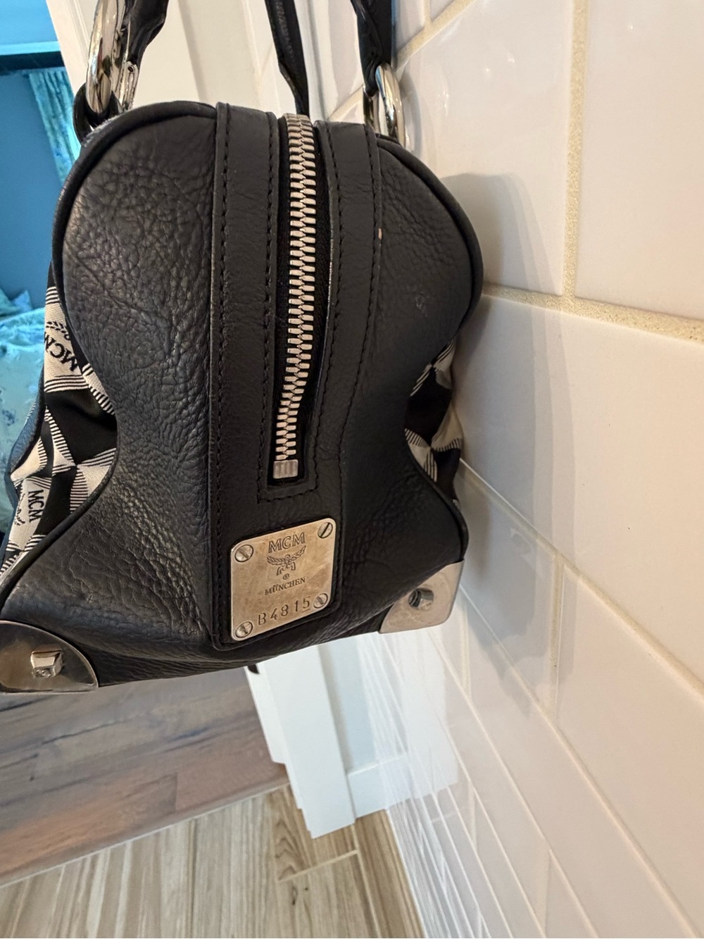 MCM Black and White Checker Logo Satchel with Leather Trim - Picture 2 of 6